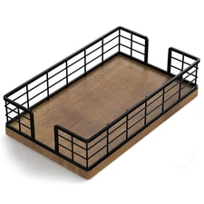 Wican Guest Towel Holder Tray for Bathroom Oak and Iron Napkins Holder for Po...