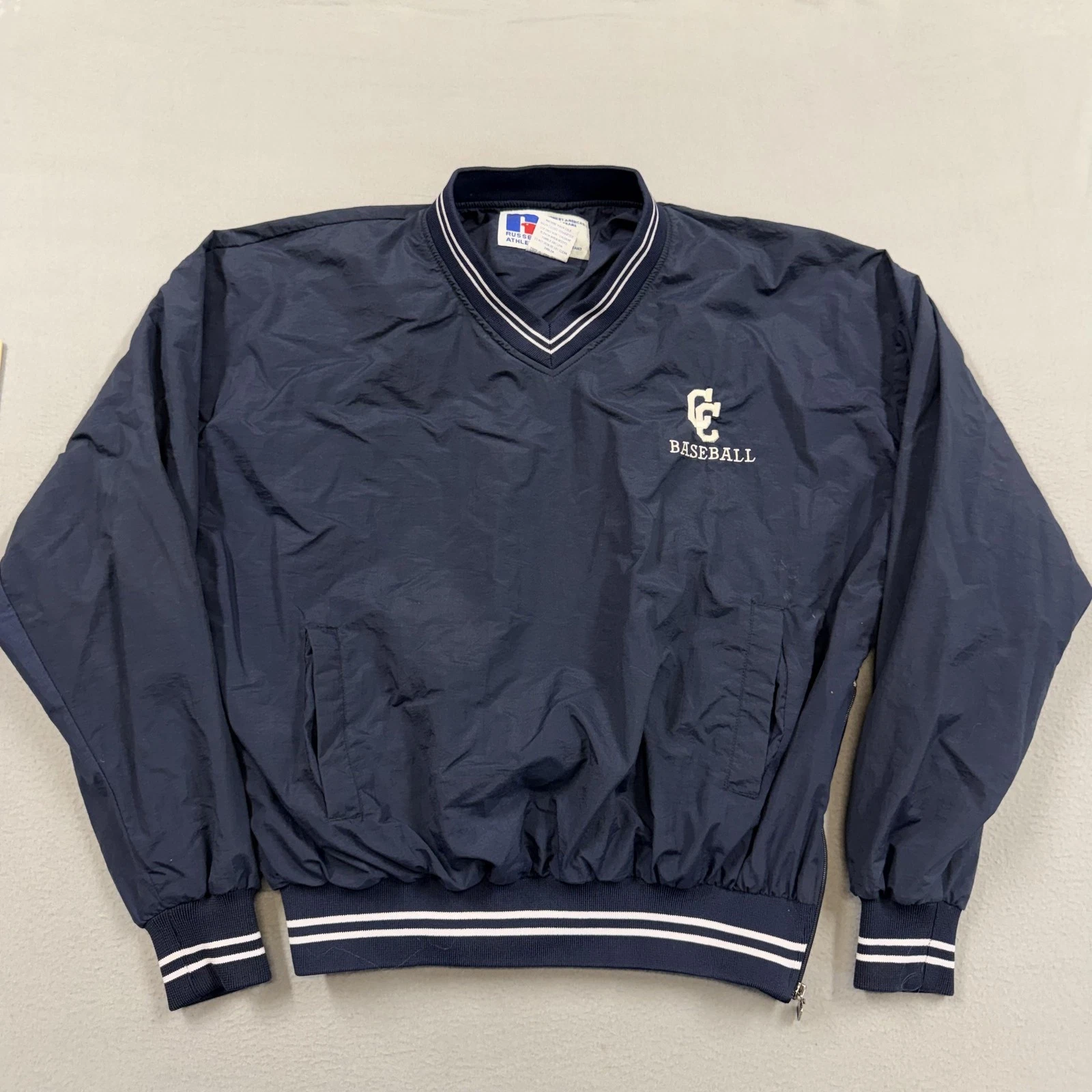 Russell Athletic Jacket Mens Large Blue V Neck Pullover Baseball Windbreaker