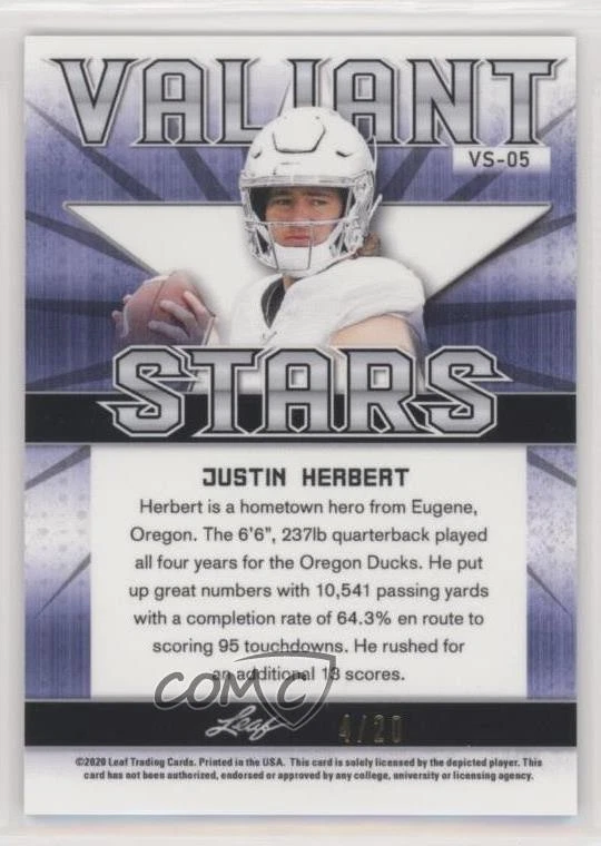 2020 Leaf Best of Sports Valiant Stars Purple /20 Justin Herbert Rookie RC - Image 2 of 2