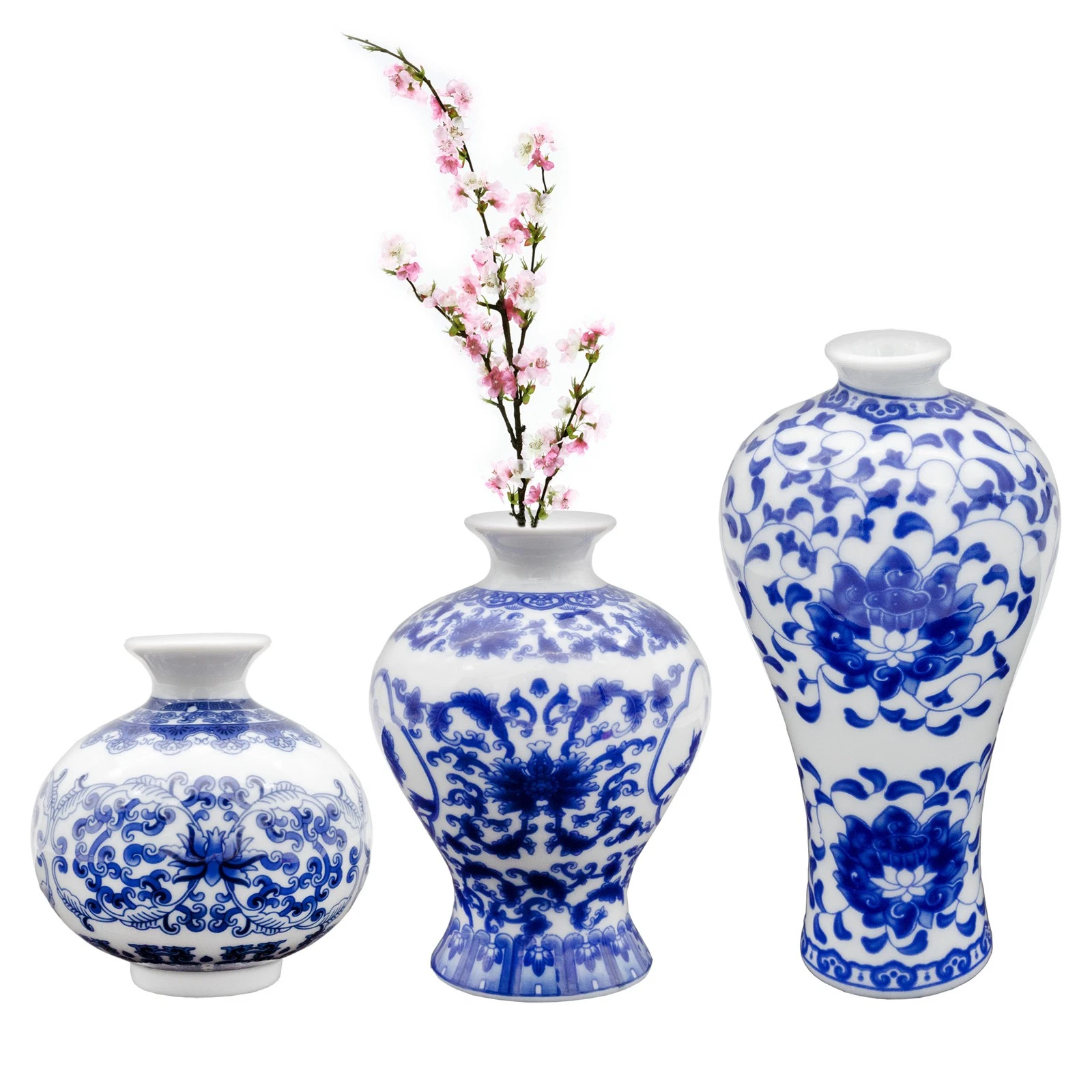 Blue and White Chinoiserie Vases 3pc Set, Mini Decorative Bud Vase Antique Style