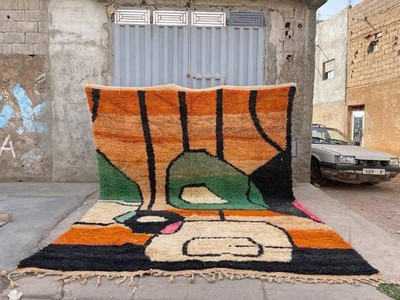 Design Moroccan Berber Beni Ourain Wool Rug Color Black Multi Handmade Carpet Ru
