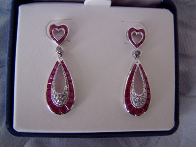 NIB HEART TEARDROP EARRINGS W 3.52CTW DIAMONDS & RUBIES