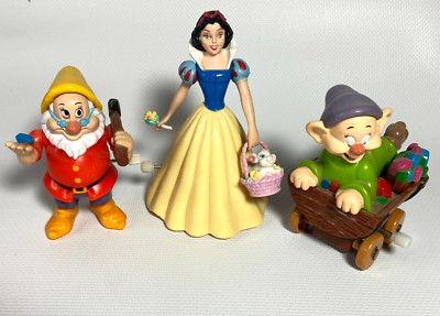 Snow White + 2 Dwarfs Plastic Wind-up Toy 1990s Disney 