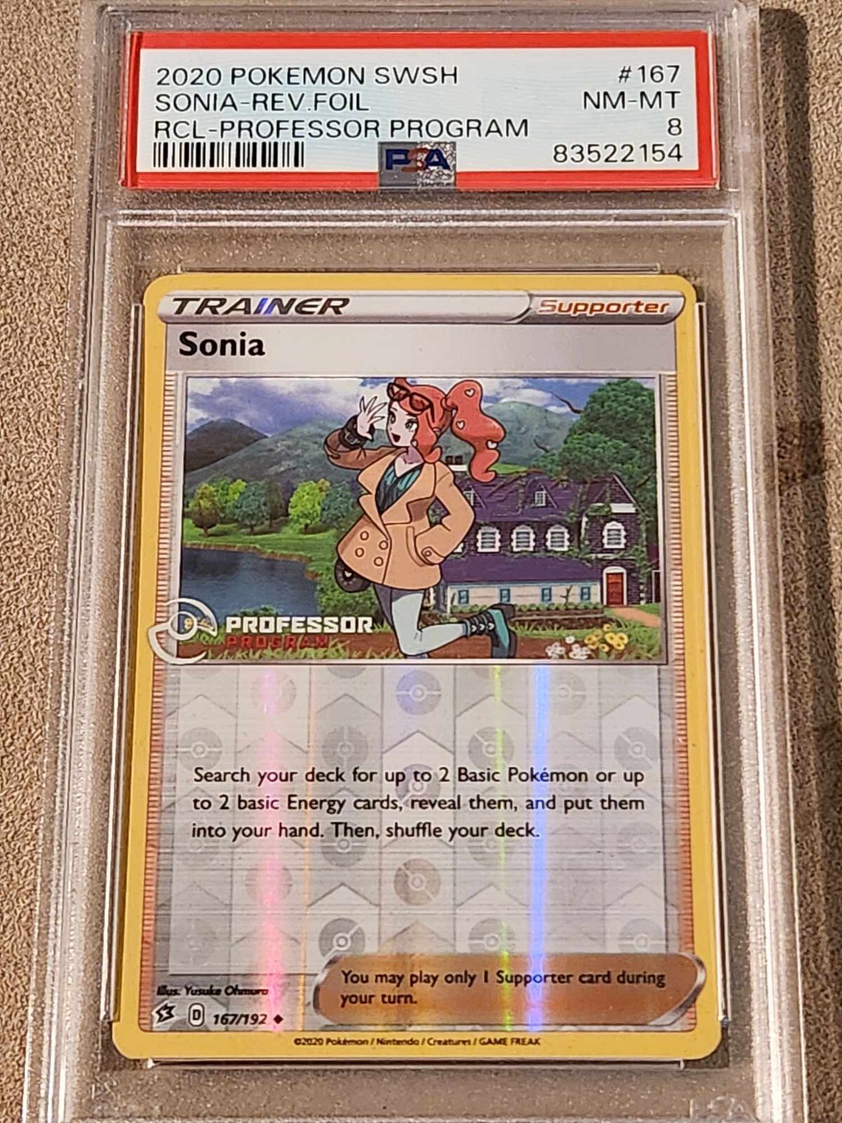 2020 Pokemon SWSH Sonia Reverse Foil Professor Program #167 PSA 8