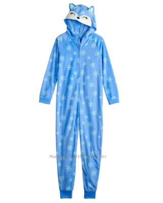 NWT Girls Fox One Piece Pajamas Union Suit Hoodie Size 4 - 18 Christmas Holiday