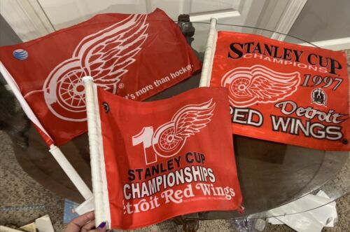 3 Detroit Redwings 1997 & 2002 Stanley Cup Champ Car Flags NHL Hockey