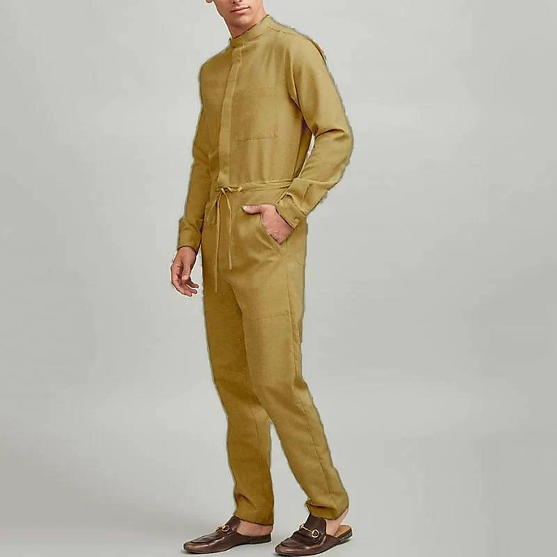 New Men's Stand-Up Collar Long Sleeve Jumpsuit Casual Suit One-Piece Cargo Pants