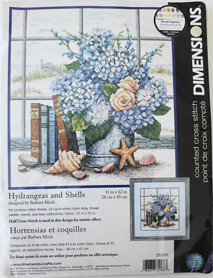 Dimensions Hydrangeas and Shells Barbara Mock 11''x12'' Cross Stitch Kit Sealed