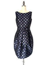 Eliza J Navy Silver Metallic Polka Dot Fit and Flare Cocktail Dress 4 Belted