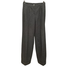 CHANEL Grey Pants Trousers Wide Leg Wool Cuffed Silver Button Silk Lining Sz 40