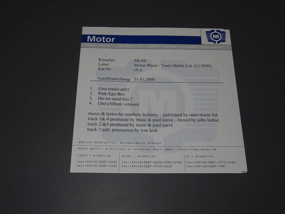 MUSE - UNO / 4 TRACK PROMO-MAXI-CD 1999 (MINT-) & PROMO-SHEET - Bild 2 von 4