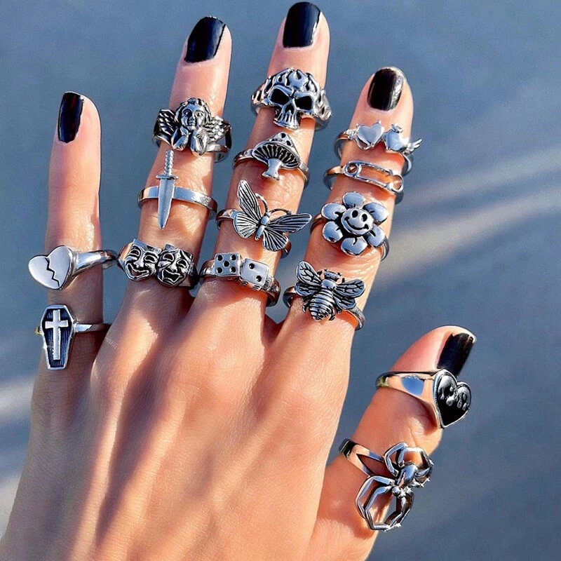 Lady Stylish Ring Skull Heart Flower Angel Rings Exaggerated Finger Ring