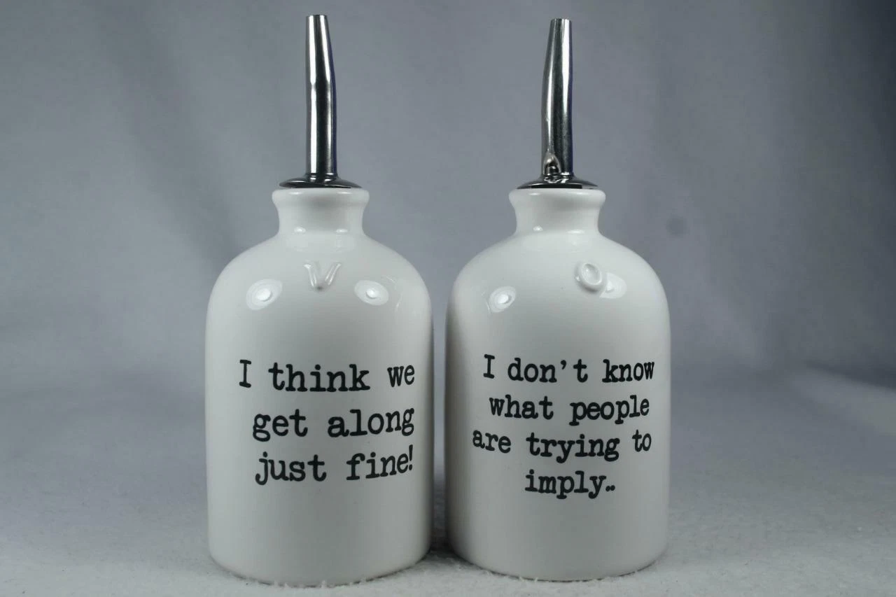 'Oil & Vinegar Dispensers' -With Funny Comments White By Boston Warehouse NIB