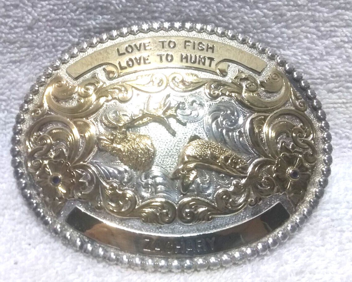 Montana Silversmiths Love to Fish, Hunt Bass Elk Gold Engraved Buckle W/Box EC