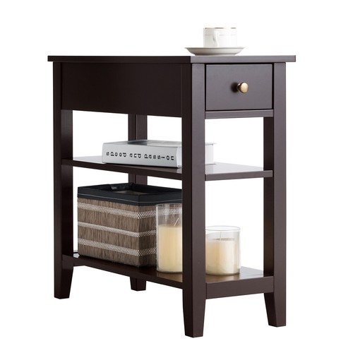 Sofá de mesita de noche de 3 niveles mesa lateral con estantes dobles cajón marrón