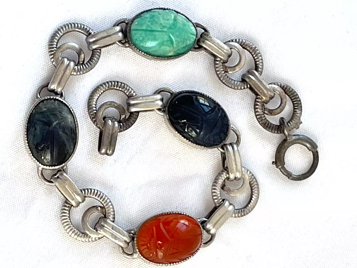 RARE VINTAGE 1970 S STERLING SILVER SCARAB BRACELET OPAL