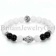 Fashion Men 8mm White Stone Buddha Beaded Yoga Energy Wrist Mala Bracelet Bangle