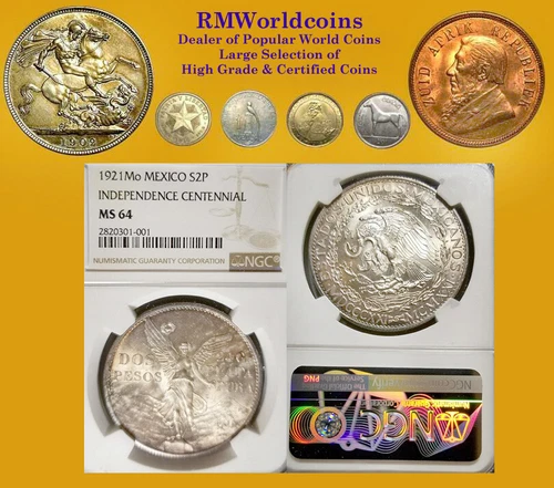Mexico 1921 2 Peso, Rare Superb Gem, NGC 64 PQ+, Full Strike, Full Luster Fields