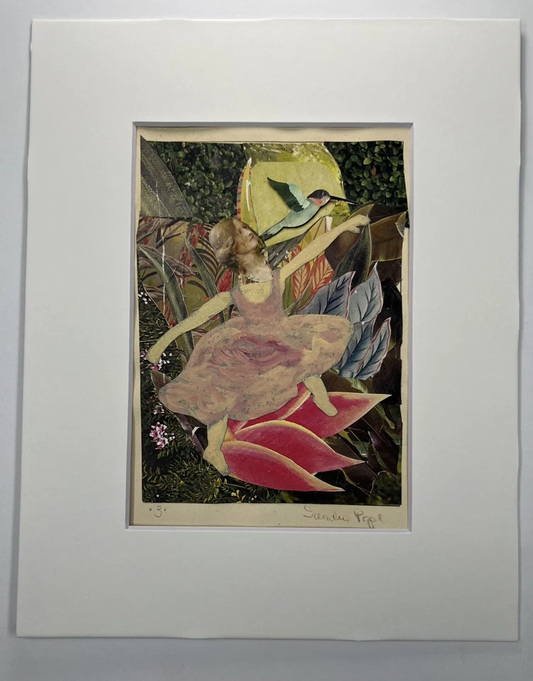 Sandra Pape Art Collage 10x8” Vestido Rosa Hada Bailando Flor Jardín Colibrí Foto 2 de 4