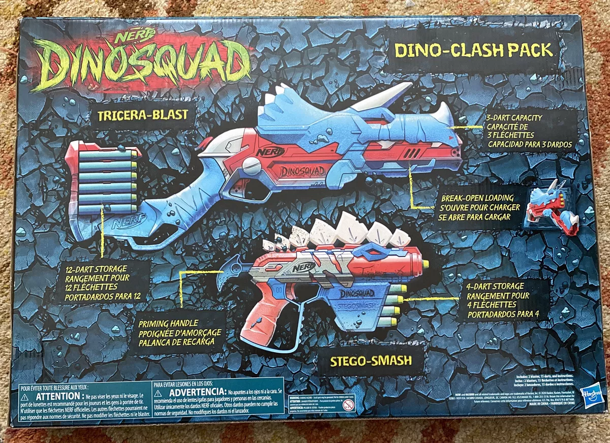 NERF DinoSquad Tricera-Blast Dart Blaster, Break-Open 3-Dart Loading, 12  Official Darts, Dart Storage, Triceratops Dinosaur Design 