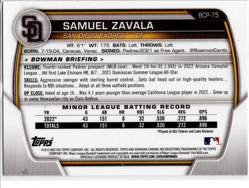 Samuel Zavala San Diego Padres 2023 Bowman Chrome Prospect - Imagen 2 de 2