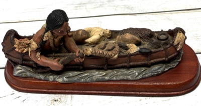 Native American In A Canoe Resin Figurine On Wood Platform unsigned