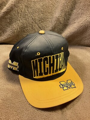 Vintage 90s Michigan Wolverines Snapback Hat Blockhead Arch Logo Cap Boy America