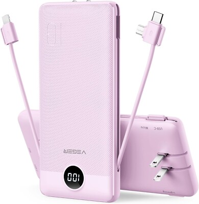 Portable Charger Built-in Cables and AC Wall Plug, USB C Power Bank 10000mAh