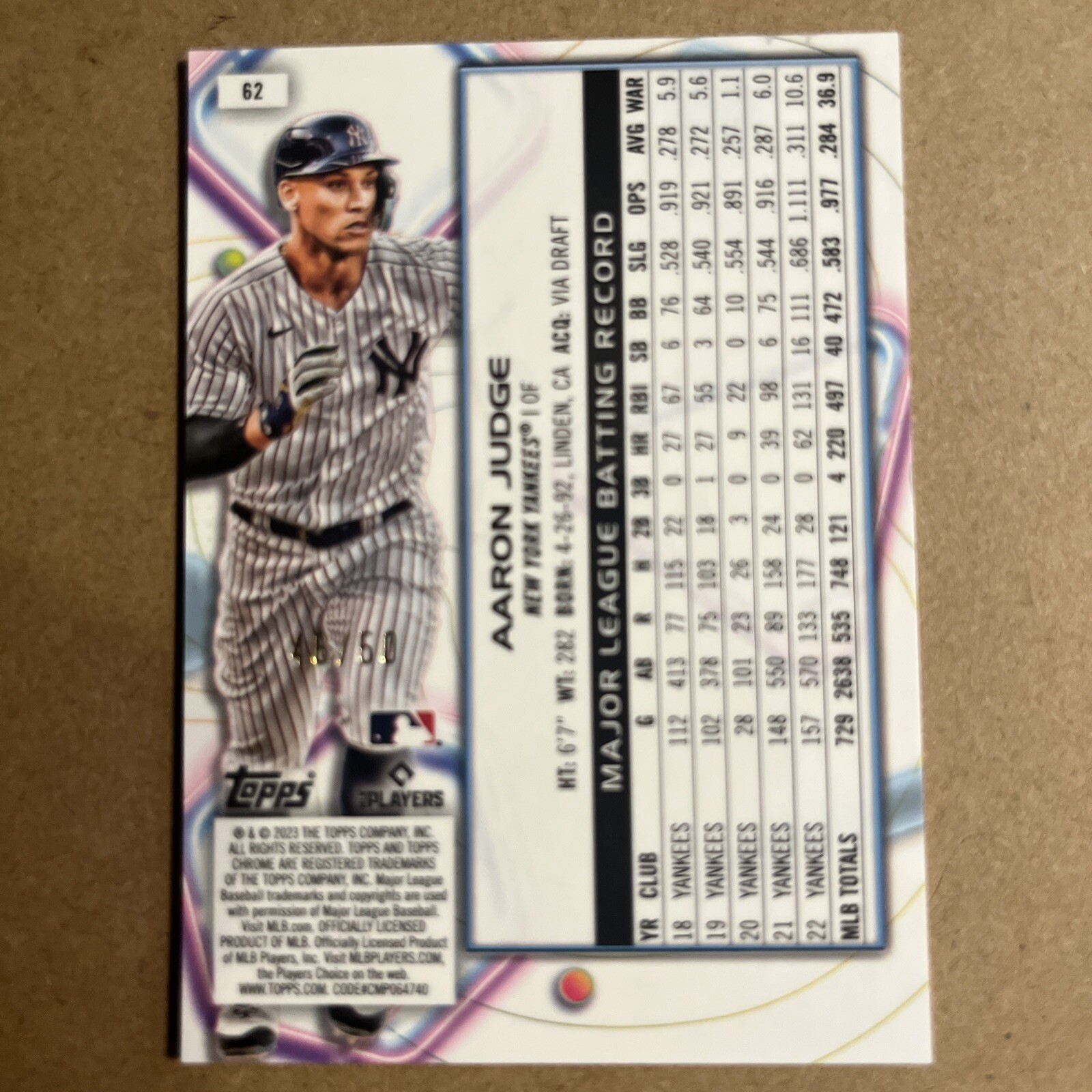 AARON JUDGE 2023 TOPPS CHROME COSMIC GOLD INTERSTELLAR YANKEES /50