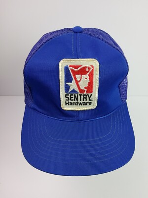 Vintage 80s Sentry Hardware Trucker Cap Hat SnapBack Blue Mesh White Patch RARE