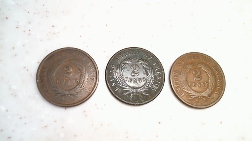 Lote de 3 monedas 1864 (VG), 1865 (EN MUY BUEN ESTADO) y 1868 (en muy buen estado) monedas de 2 centavos - Imagen 2 de 8