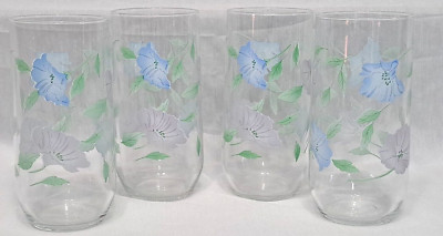 Lot of 4 Luminarc Blue Morning Glory Flowers 14Oz Glass Tumblers Kitchen Decor