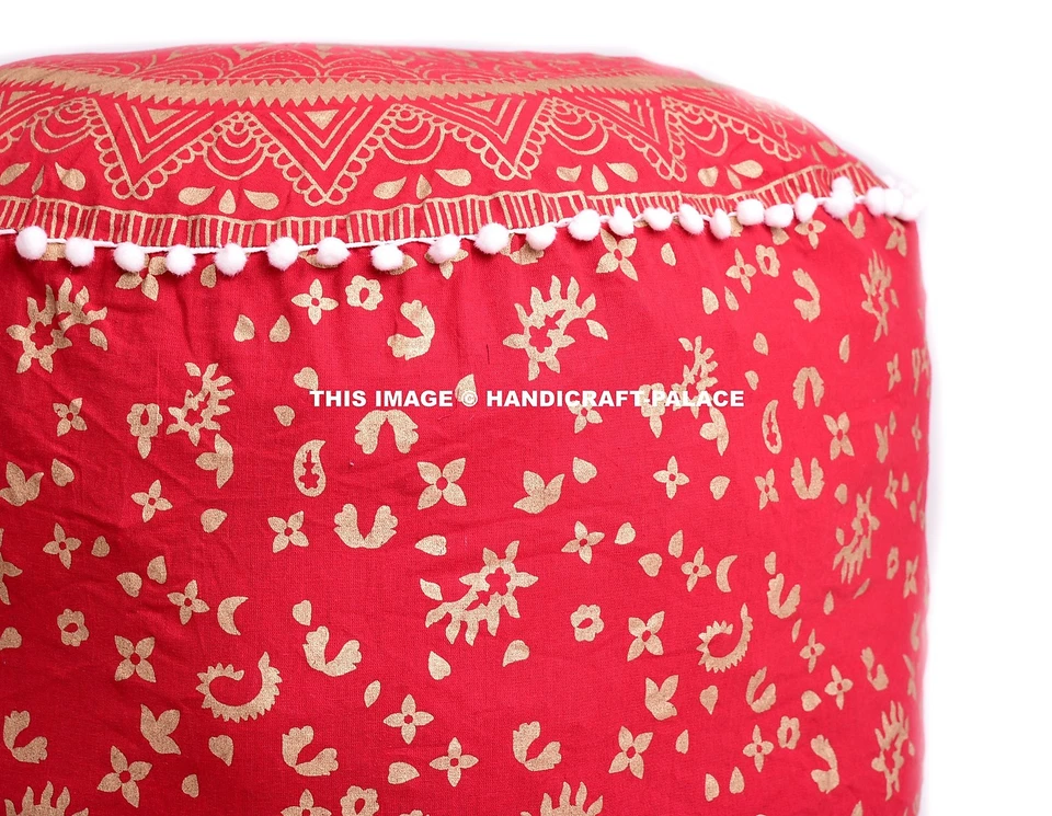 Puf otomano mandala de algodón indio taburete rojo puf pompón encaje 22" Foto 3 de 3