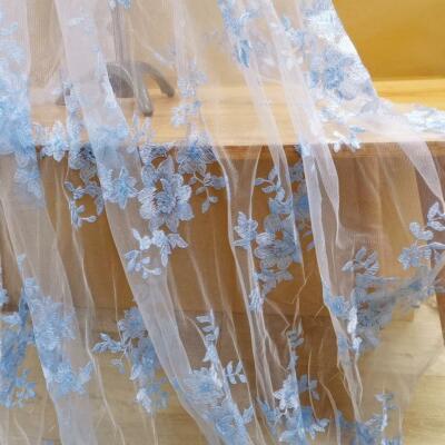 Blue Floral Embroidery Lace Fabric Mesh Material Cloth DIY Bridal Party Dress 1Y