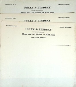 Newville PA Felix & Lindsay Flour and Mill Feed Letterhead 1930s 3 Sheets