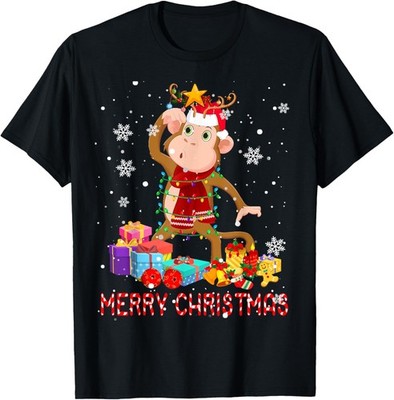 Merry Christmas Cute Christmas Lights Santa Reindeer Monkey T-Shirt