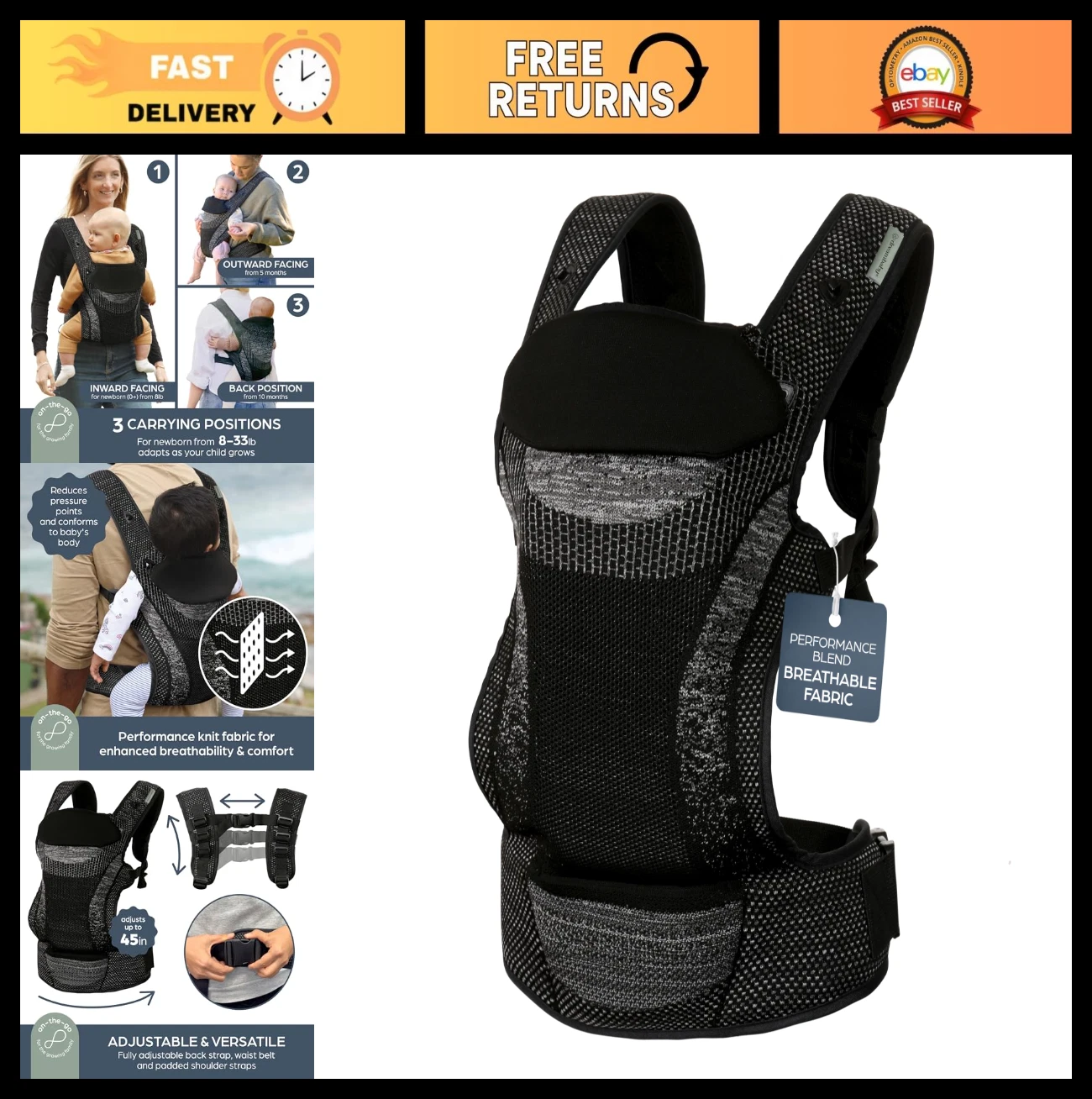 3-Position Baby Carrier for Newborn to Toddler, 8-33lb, Front & Backpack Style,