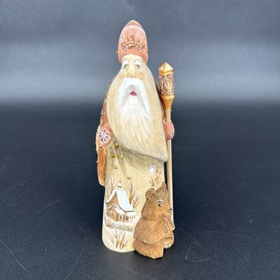 RUSSIAN Hand Carved One-piece wooden SANTA signed OM 6'' tall 2'' wide