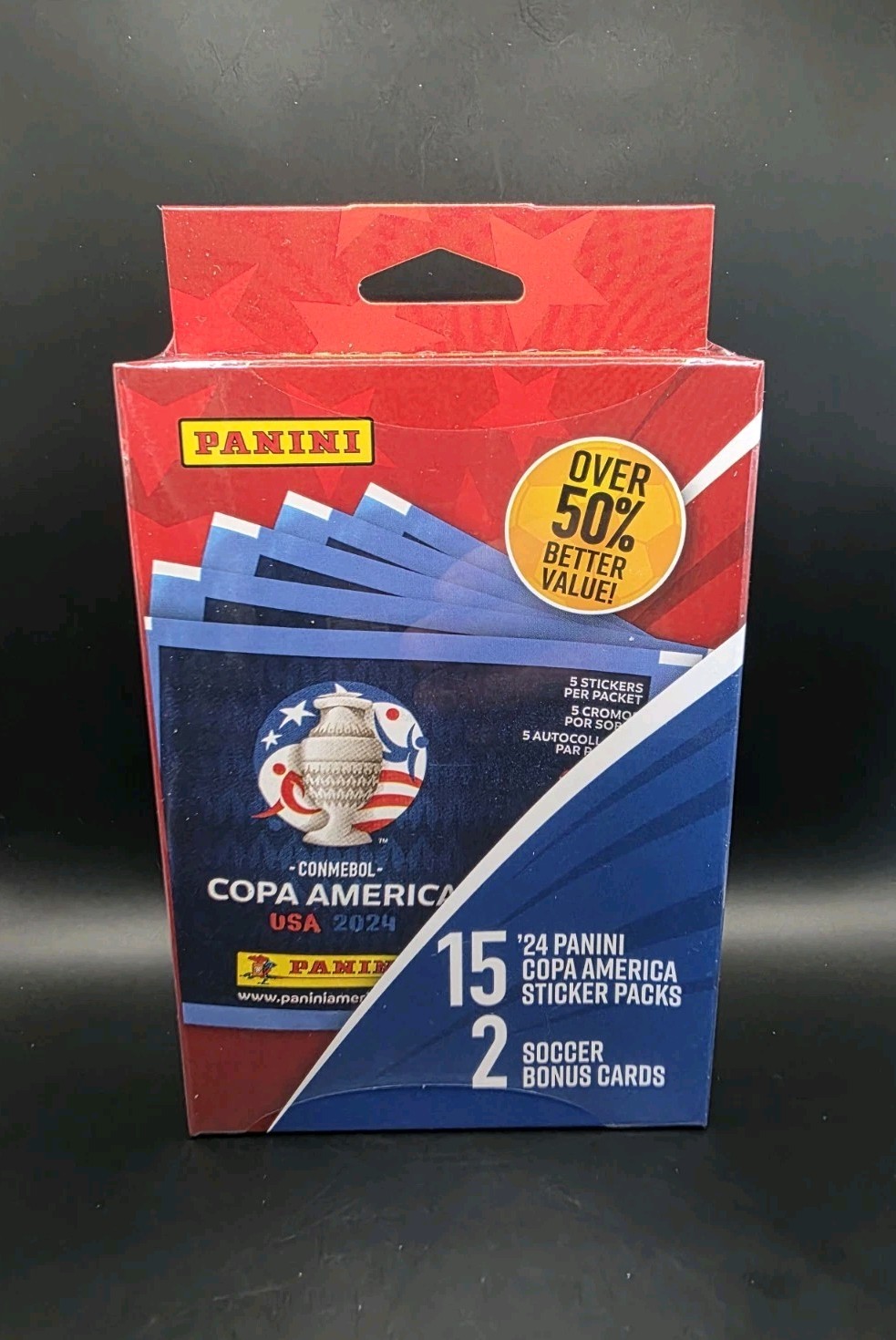 2024 Panini Copa America USA 15 Sticker Packs + 2 Soccer Bonus Cards Hanger Box