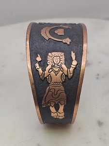 Vintage Copper Cuff Bracelet Aztec Mayan Figure Motif Brown Patina Women Boho