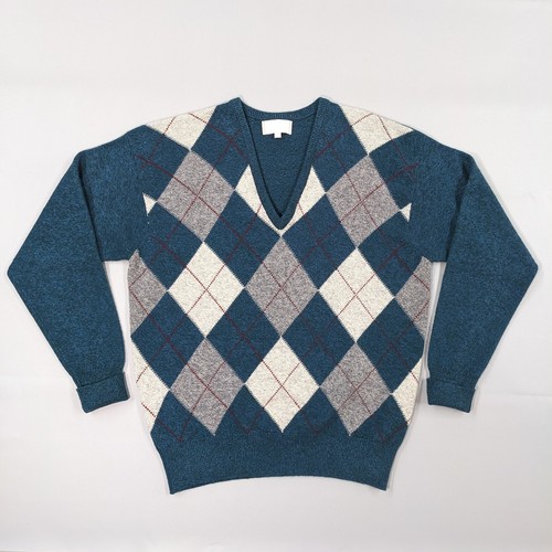 Dunhill, Vintage Dunhill Argyle V Neck Sweater Men's XL Cashmere ? Flecked Blue Green