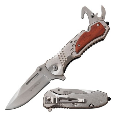 Tac-Force Spring Assisted Knife w/Aluminum&Wood Handle-Can Opener, Cutter & Clip