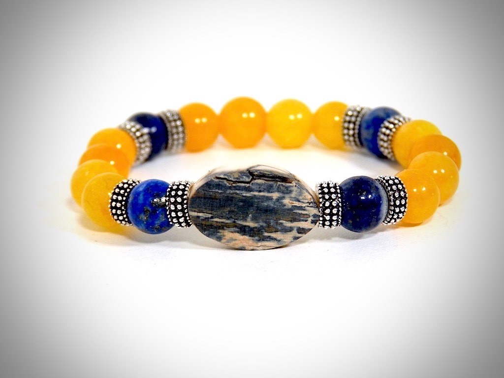 Bracelet mammouth authentique avec lapis lazuli et agate jaune, bijou perles naturelles bleues