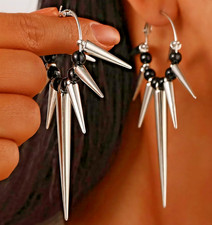 NEW SILVER  BLACK PUNK RIVET HOOK GOTHIC SPIKE EARRINGS-RETRO-BOLD-PUNK-EMO