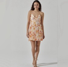 ASTR The Label Floral Orange/Multi Pleated Tie-back "Blythe" Mini Dress, S, NWT