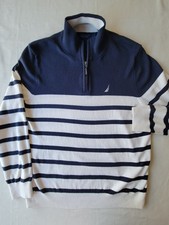 Nautica NavTech 1/4 Zip Blue White Striped Cotton Sweater Mens Medium
