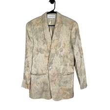 Retro Floral Metallic Blazer Tan 6 Work Wear Neutral Classic Chic Boho Western