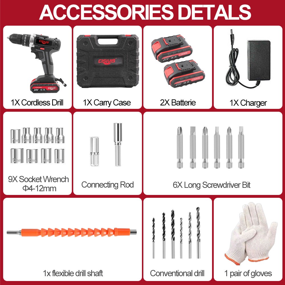 24V Cordless Drill Set Electric Power Drill 28Pcs with 3/8 Inch Keyless Chuck