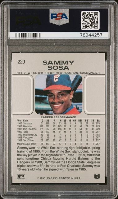 1990 Leaf RC Sammy Sosa #220 PSA 8 view 2