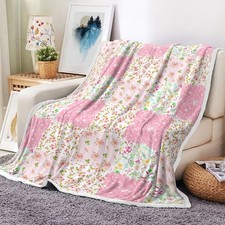 Floral Blankets Pink Floral Patchwork Blanket, Botanical Flowers Throw Blanke...